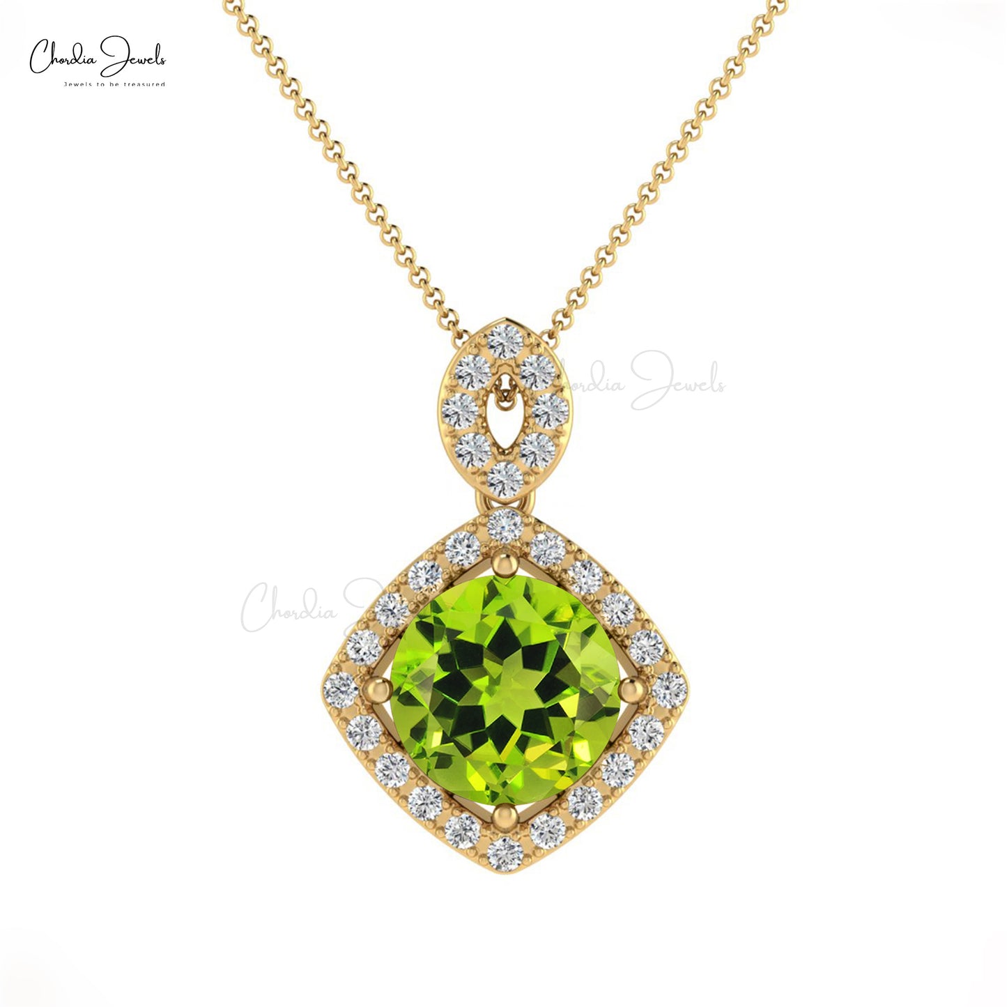 Halo Green Peridot And Pave Diamond Accents in 14k Solid Gold Fine Jewelry