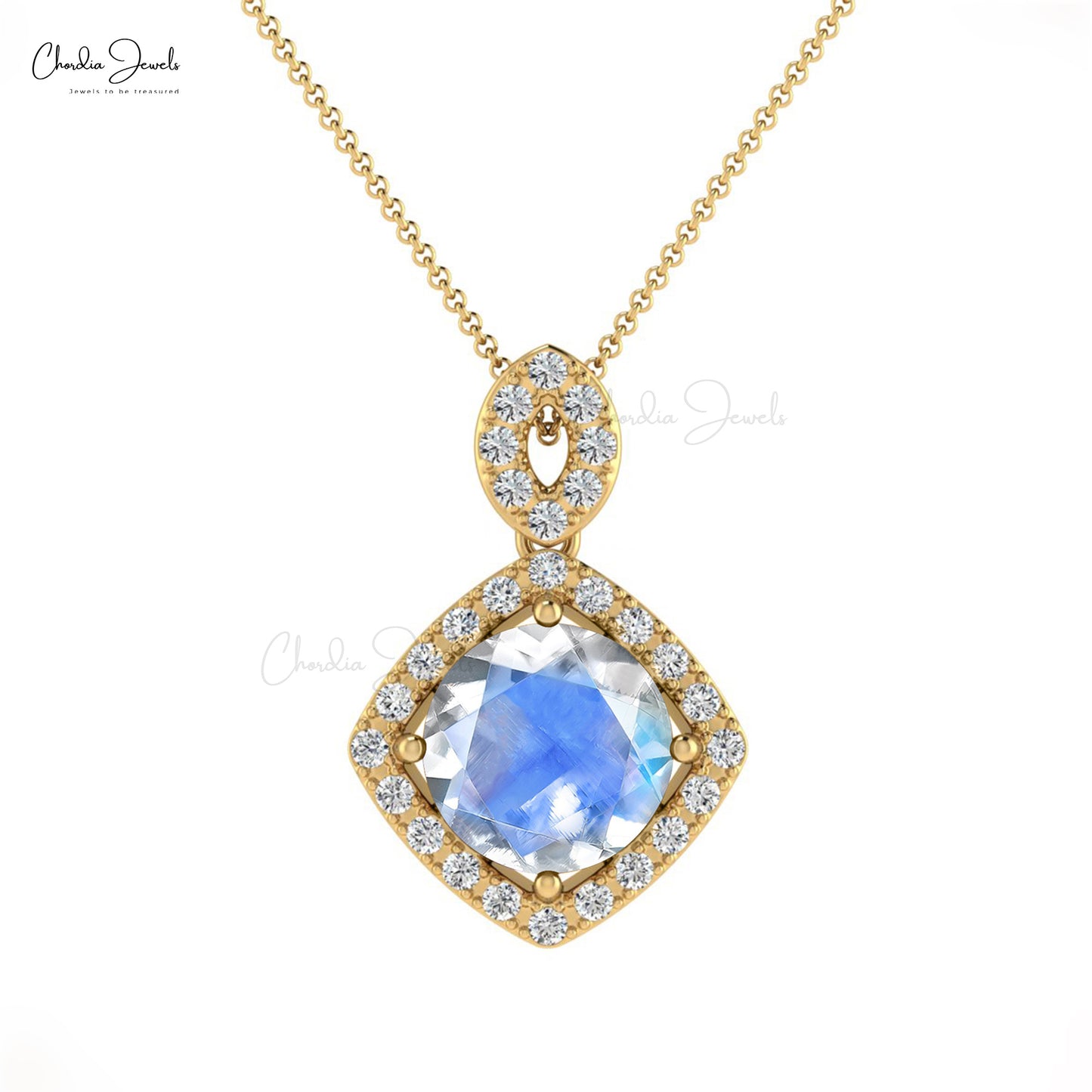 Prong Set Rainbow Moonstone With Diamond Halo Pendant in Real 14k Gold