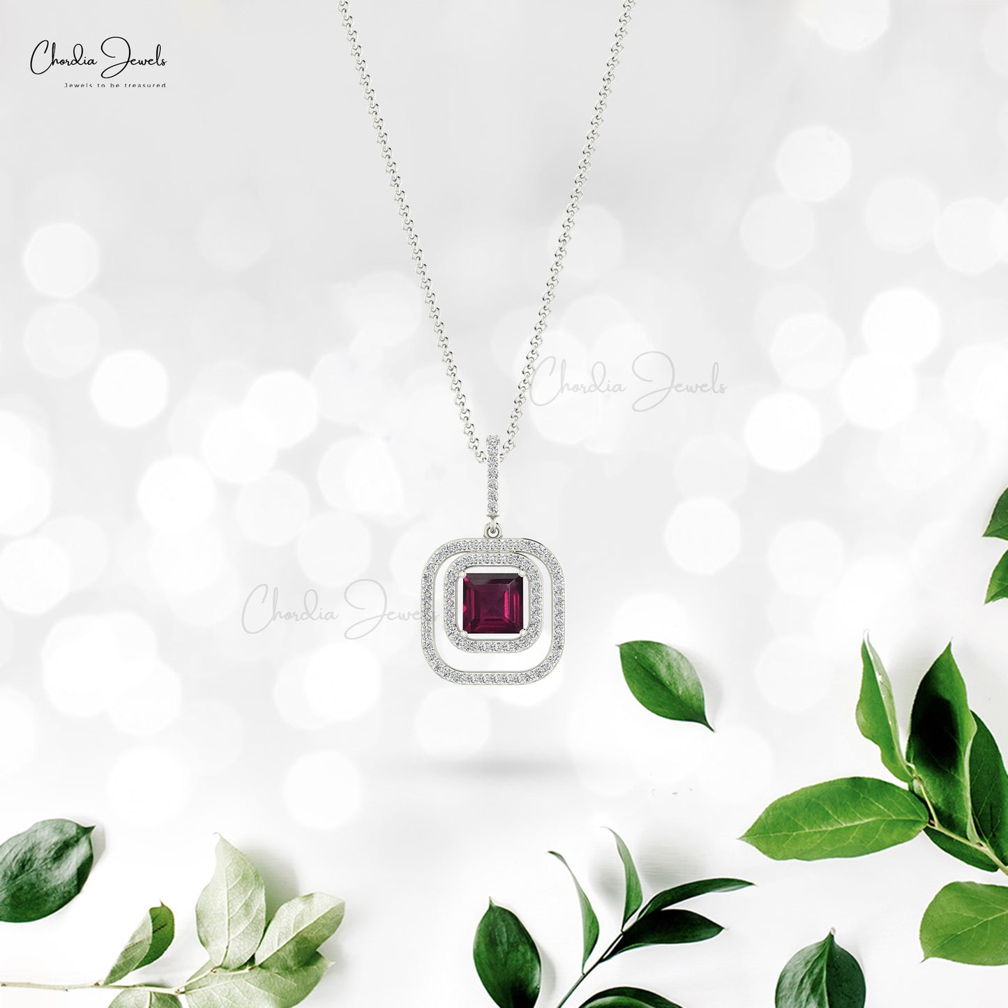 14k Real Gold Diamond And 6mm Rhodolite Garnet Double Halo Pendant For Her