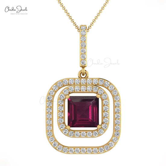 14k Real Gold Diamond And 6mm Rhodolite Garnet Double Halo Pendant For Her