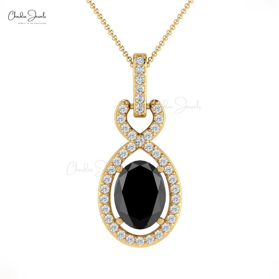 Solid 14k Gold G-H Diamond Halo Bail With Natural 0.71CT Oval Black Diamond Pendant