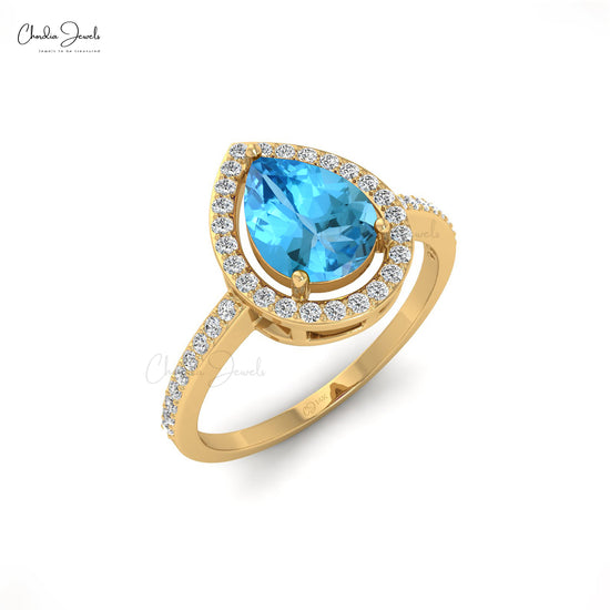 Pear Cut Halo Ring With 8x6mm Swiss Blue Topaz And Diamond 14k Real Gold Engagement Ring