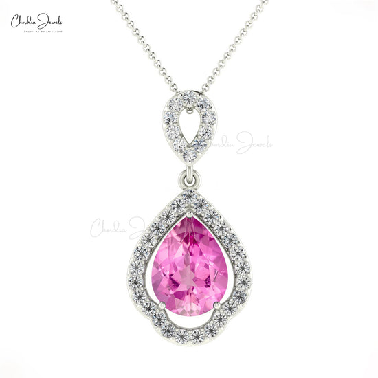 Real 14k Gold Diamond with 8x6mm Pink Sapphire Gemstone Art Deco Pendant For Her