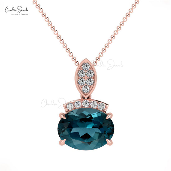 Gemstone Women Pendant In 14k Solid Gold London Blue Topaz And Diamond Cluster Necklace