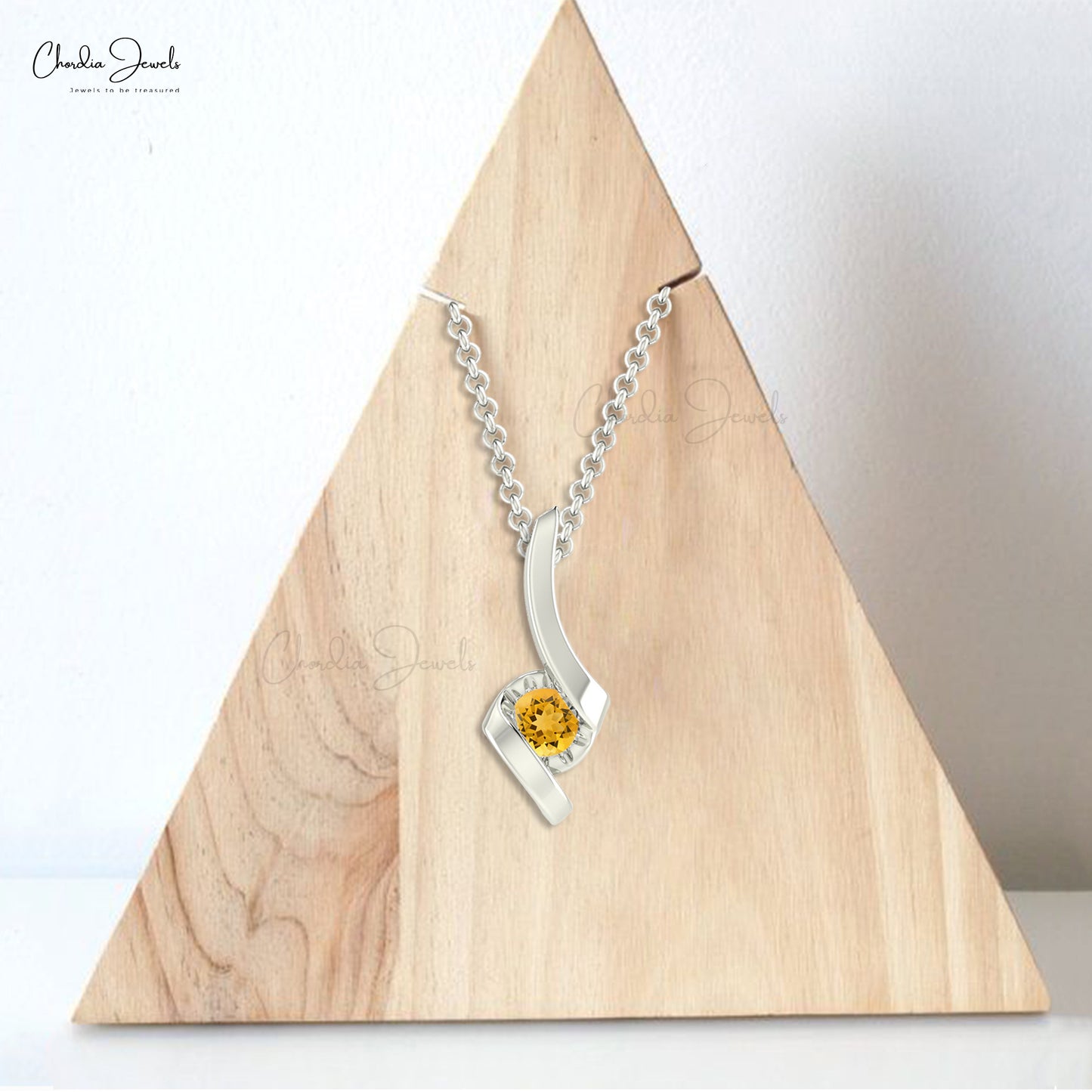 Brilliant Cut Solitaire Charm With 4mm Citrine Gemstone Twisted Pendant In 14k Real Gold