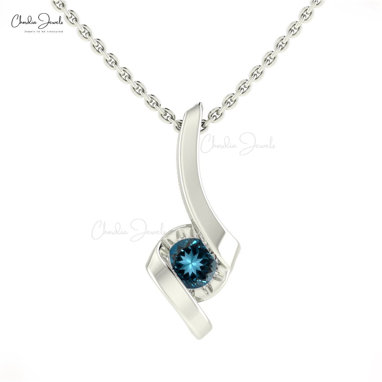 Solitaire 14k Solid Gold Pendant With 4mm Round London Blue Topaz Charm Necklace