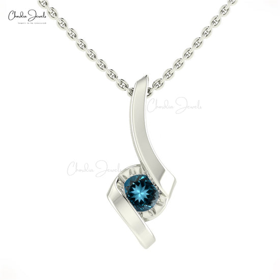 Solitaire 14k Solid Gold Pendant With 4mm Round London Blue Topaz Charm Necklace