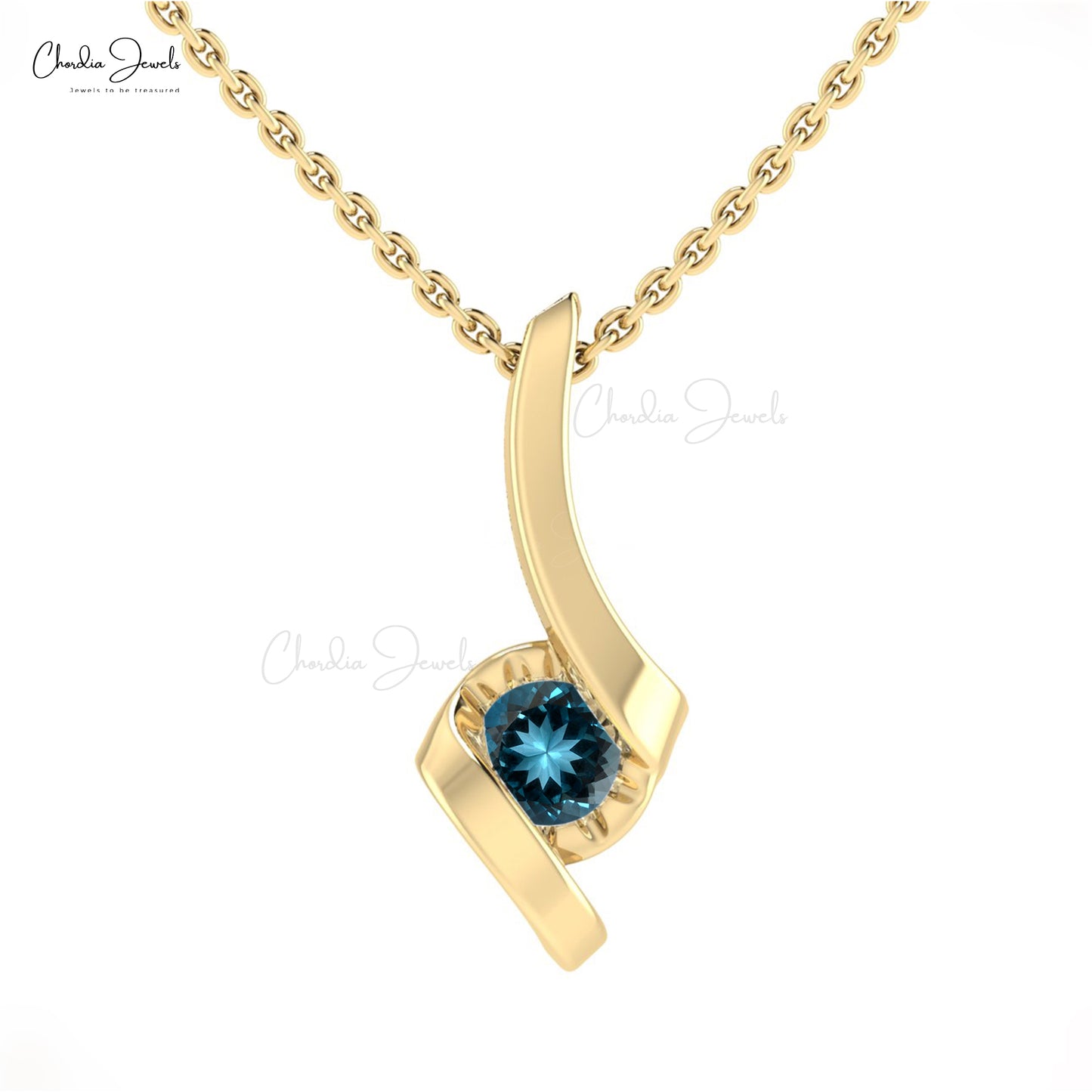 Solitaire 14k Solid Gold Pendant With 4mm Round London Blue Topaz Charm Necklace