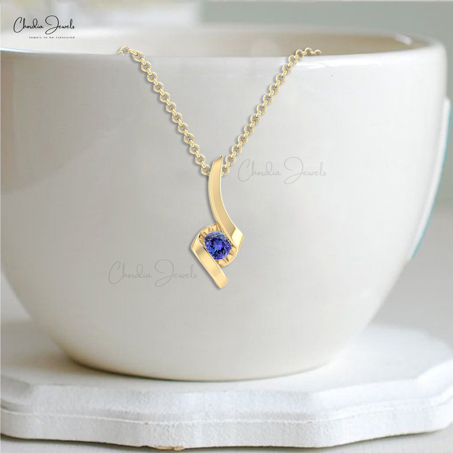 Natural 4mm Round Tanzanite Solitaire Gemstone Twisted Pendant in 14k Real Gold