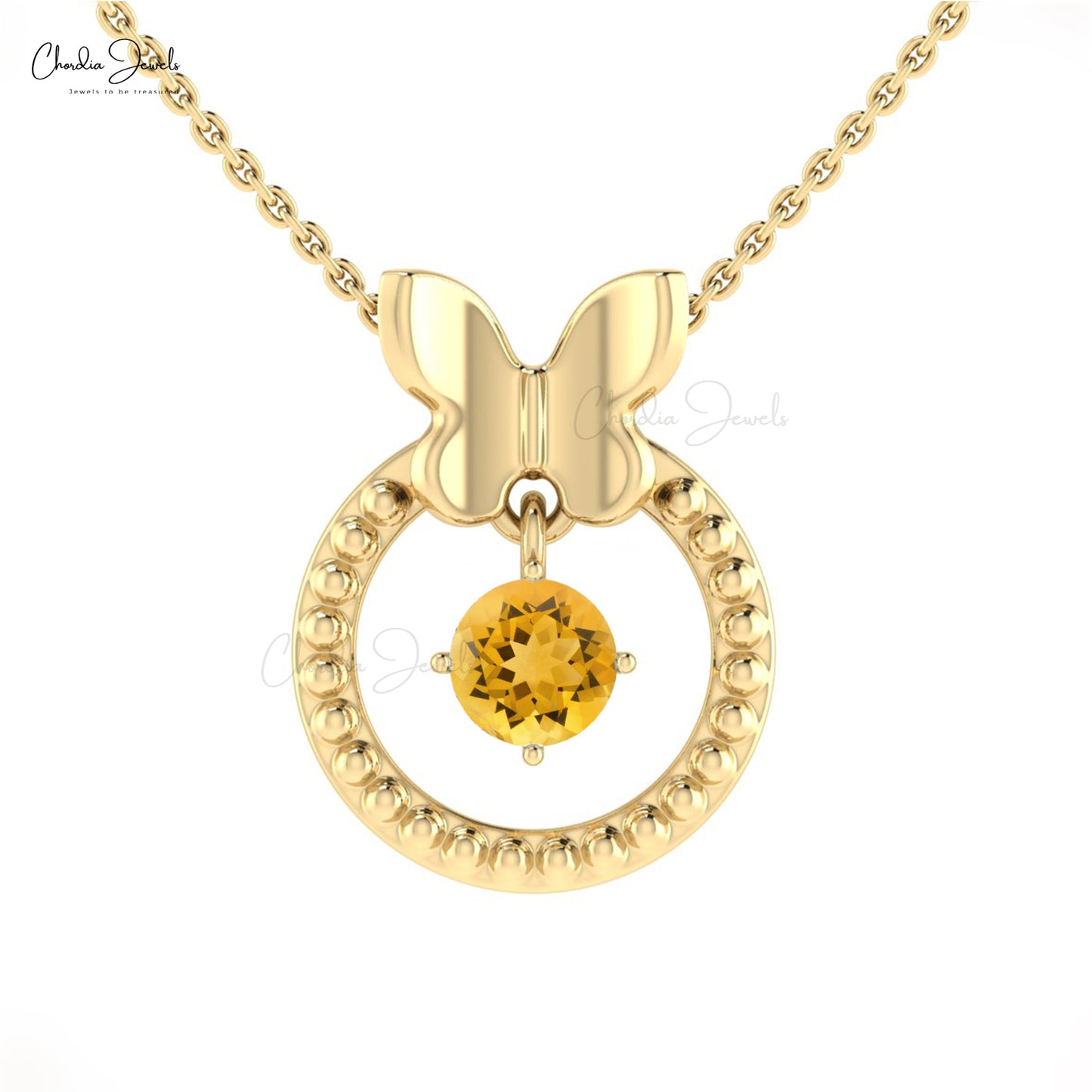 Butterfly Design Migrain Pendant With 0.4 CT Round Citrine 14k Solid Gold Necklace For Her