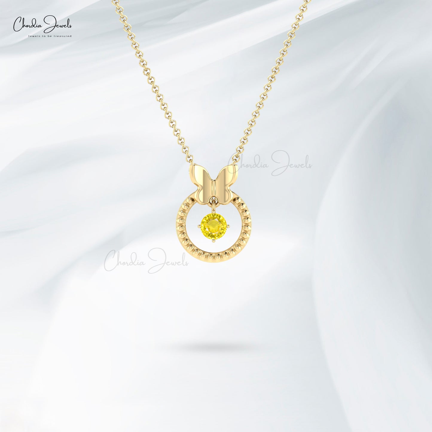 Solitaire 14k Real Gold With 5mm Yellow Sapphire Milgrain Dangling Pendant