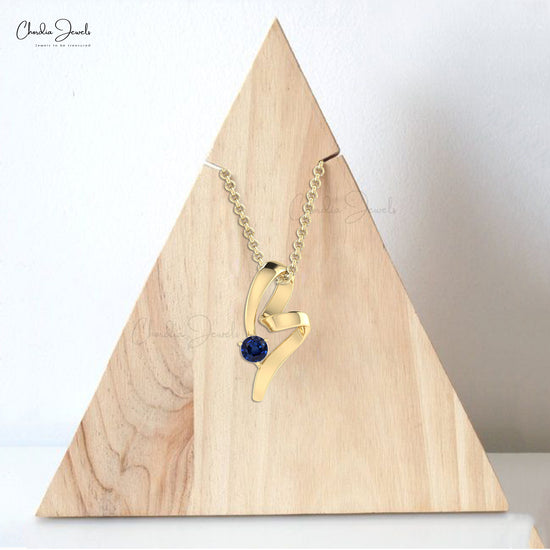 Single Stone Curved Pendant With  0.47Ct Blue Sapphire Twisted Pendant In Real 14k Gold