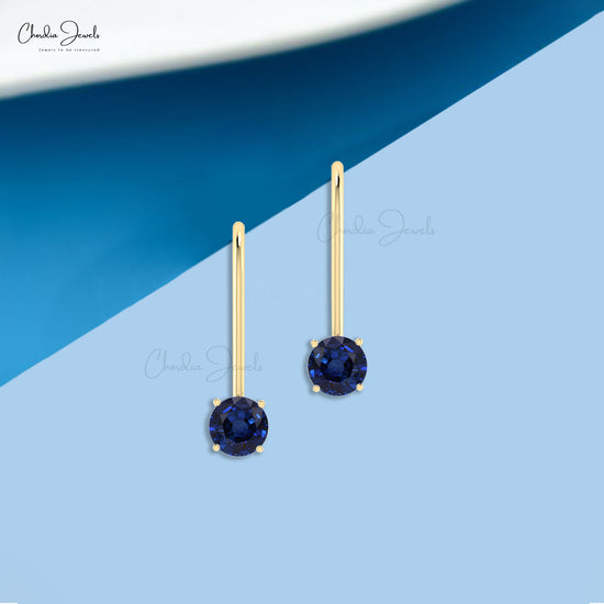 Dangle 0.94Ct Round Blue Sapphire 14k Real Gold Solitaire Latch Back Earrings