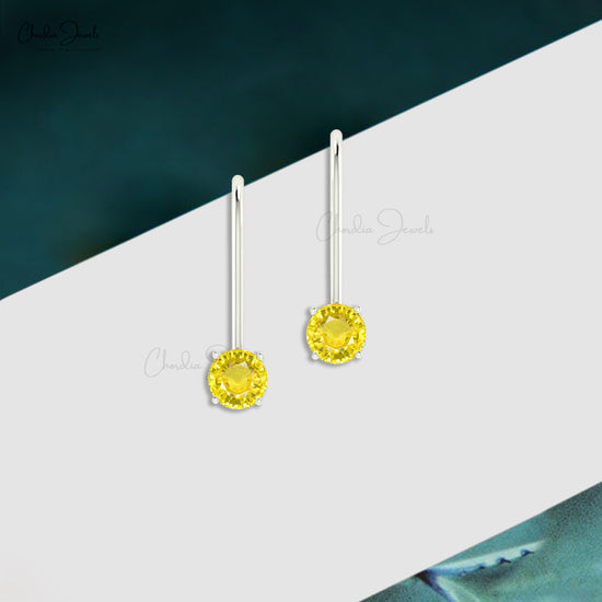 Solitaire 5mm Yellow Sapphire Accented in 14k Solid Gold Dangle Earrings For Gift