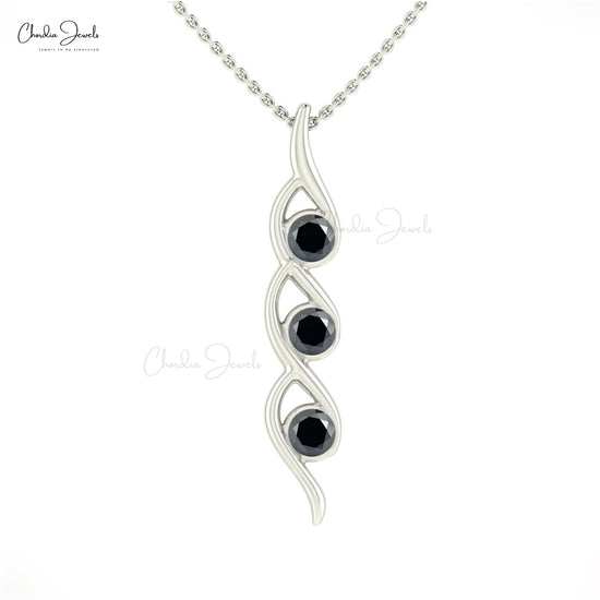 Twisted 4mm Black Diamond Three Stone Pendant In 14k Real Gold Fine Jewelry