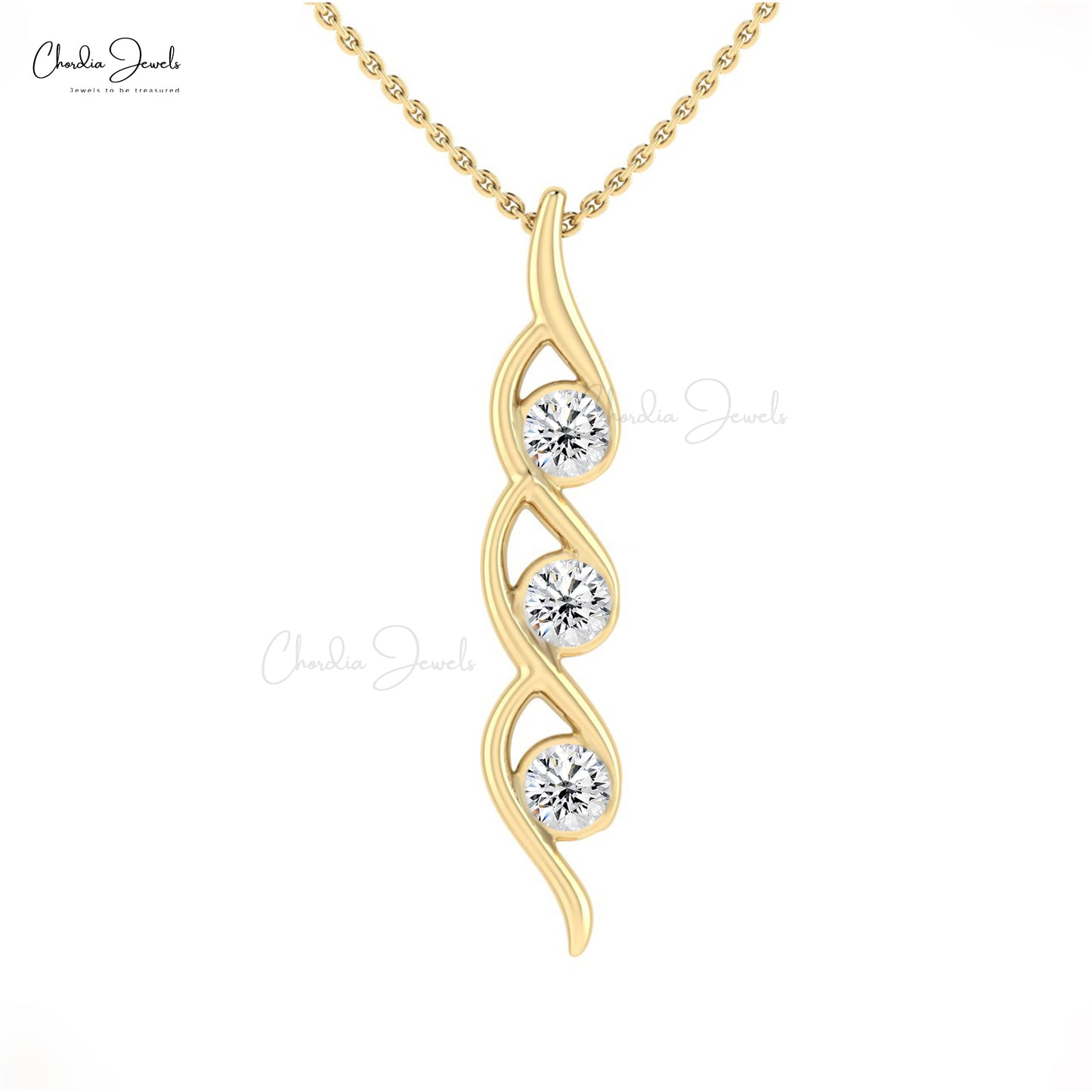 Three Stone 14k Solid Gold With 0.69Ct Trio G-H Diamond Twisted Pendant