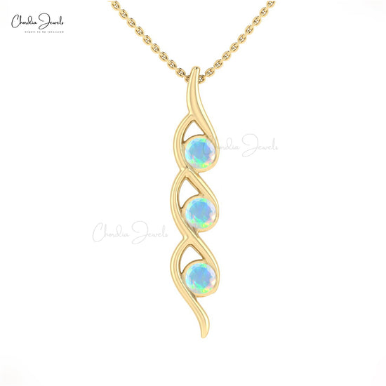 Gemstone Twisted Pendant In 14k Real Gold Fire Opal 4mm Round Cut 3 Stone Women Necklace