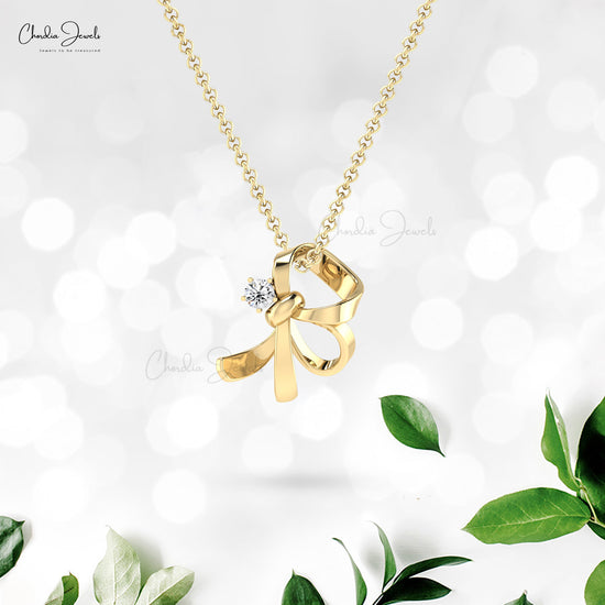 Dainty Knot Curved Pendant In 14k Solid Gold White Diamond 5mm Round Cut Necklace For Her