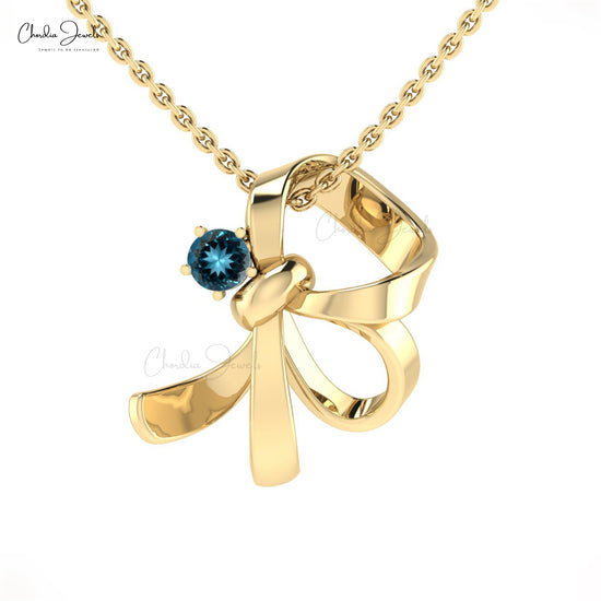 Single Stone Knot Charm In 14k Real Gold With 3mm Round London Blue Topaz Pendant