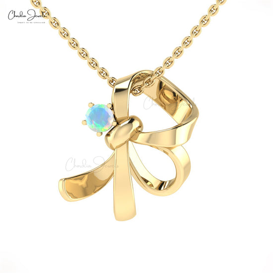 Real 14k Gold Solitaire Charm With 3mm Brilliant Cut Opal Curved Pendant For Her