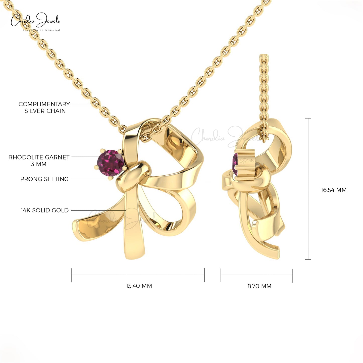 Solitaire 14k Solid Gold Charm With 3mm Rhodolite Garnet Knot Pendant Necklace