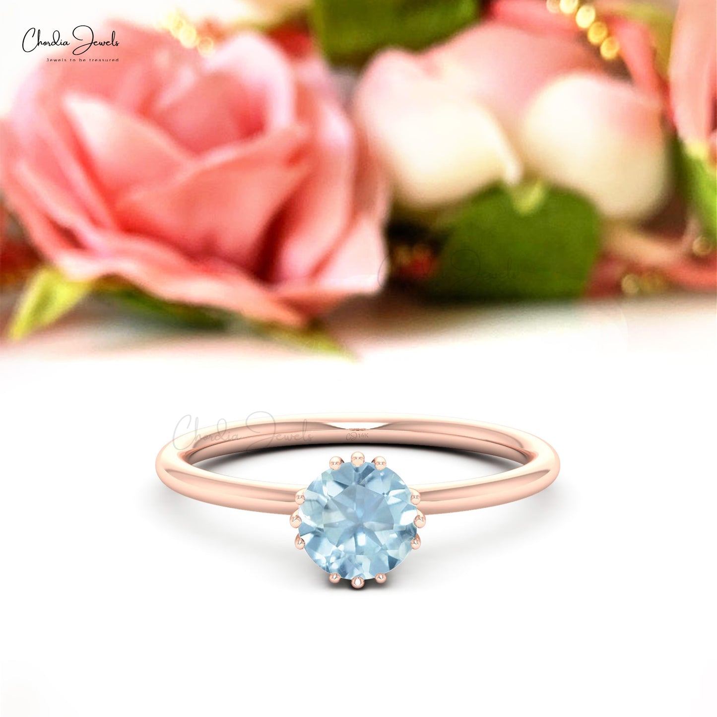 Solid 14k Gold Solitaire 6mm Round Aquamarine Prong Set Ring March Birthstone Jewelry For Her