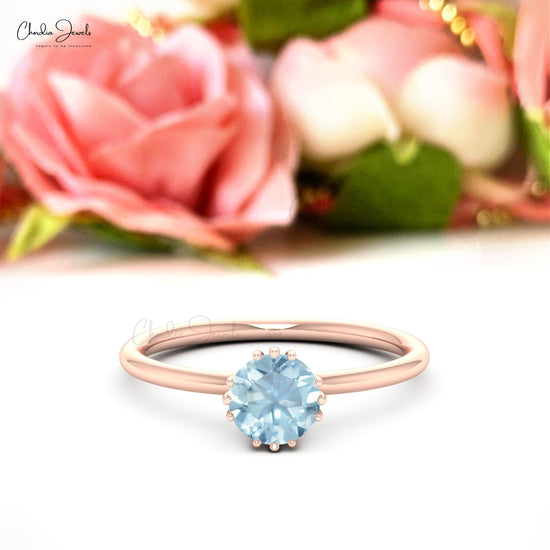 Solid 14k Gold Solitaire 6mm Round Aquamarine Prong Set Ring March Birthstone Jewelry For Her