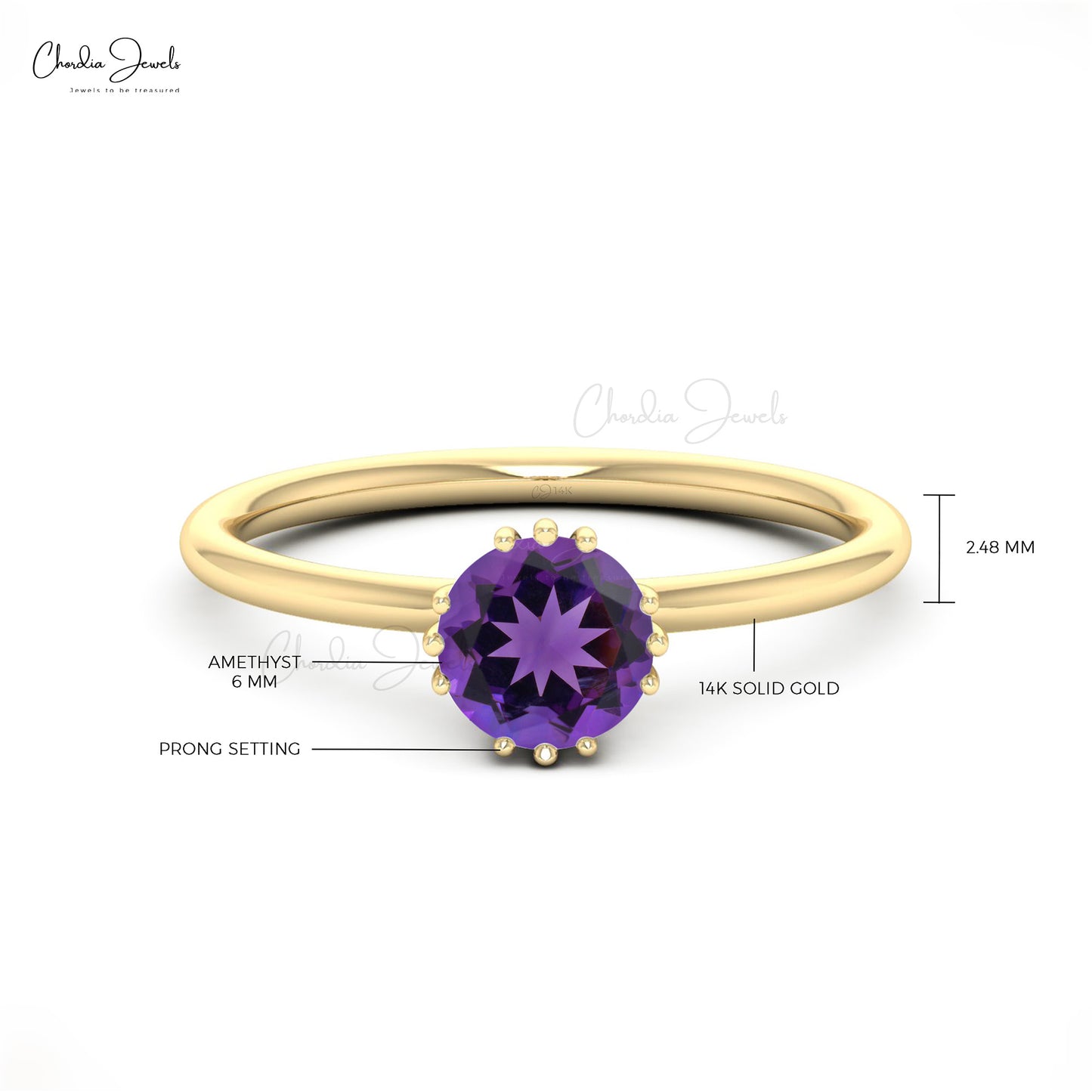 Natural Amethyst Solitaire Wedding Ring Genuine 14k Real Gold Minimalist Ring 6mm Round Cut Gemstone Jewelry For Valentine's Day Gift