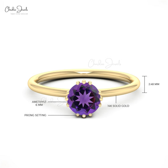 Natural Amethyst Solitaire Wedding Ring Genuine 14k Real Gold Minimalist Ring 6mm Round Cut Gemstone Jewelry For Valentine's Day Gift