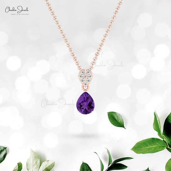 Tear Drop Pendant With 1.5 CT Amethyst And Pave Diamond Women Necklace In 14k Real Gold