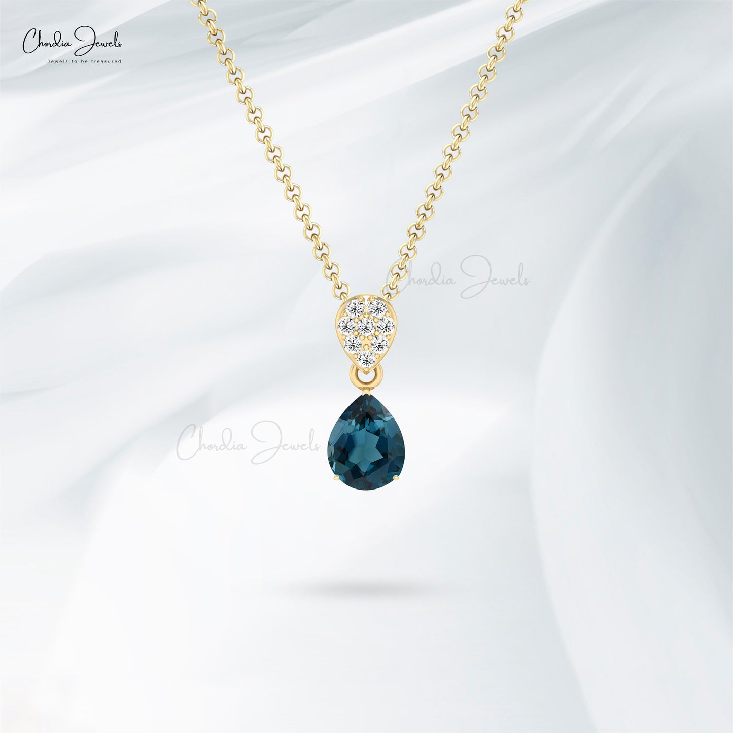 Real 14k Gold Teardrop Pendant With 1.5 CT London Blue Topaz Diamond Necklace