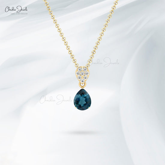 Real 14k Gold Teardrop Pendant With 1.5 CT London Blue Topaz Diamond Necklace