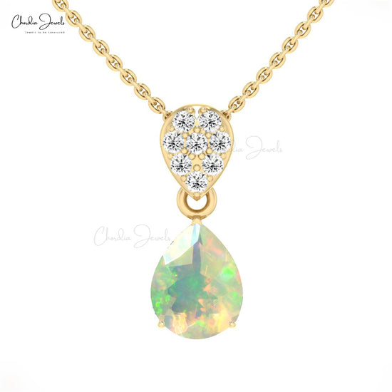 Solid 14k Gold Dangle Pendant With 1.50 Ct Fire Opal And Diamond Minimalist Pendant