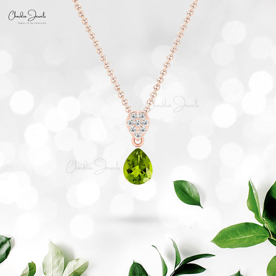 Dangling Wedding Pendant In 14k Solid Gold Peridot 1.5 Ct Gemstone And Diamond Necklace