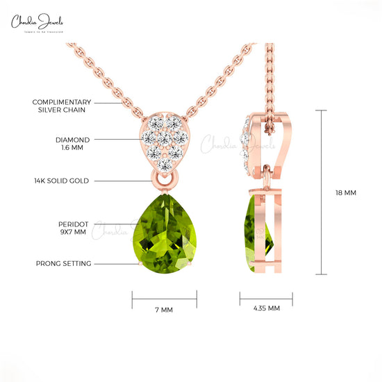 Cluster Diamond with 1.5 Ct Green Peridot Tear Drop Pendant in 14k Solid Gold Fine Jewelry