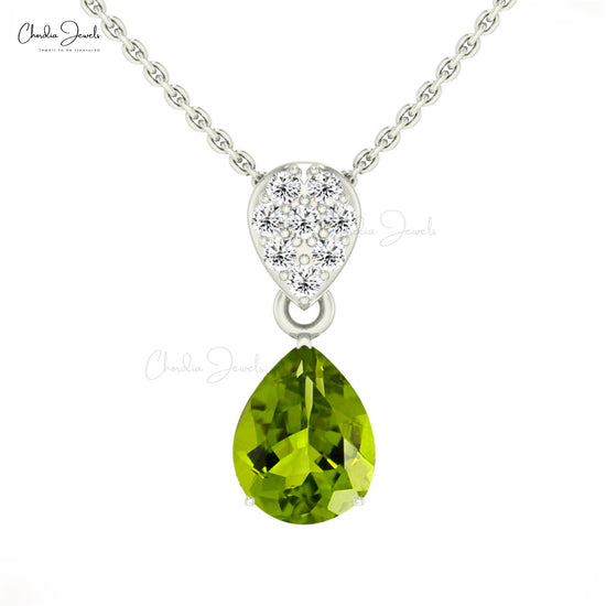 Cluster Diamond with 1.5 Ct Green Peridot Tear Drop Pendant in 14k Solid Gold Fine Jewelry