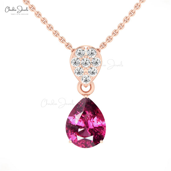 Cluster Diamond With Pear Cut 9x7mm Rhodolite Garnet 14k Solid Gold Tear Drop Necklace For GF