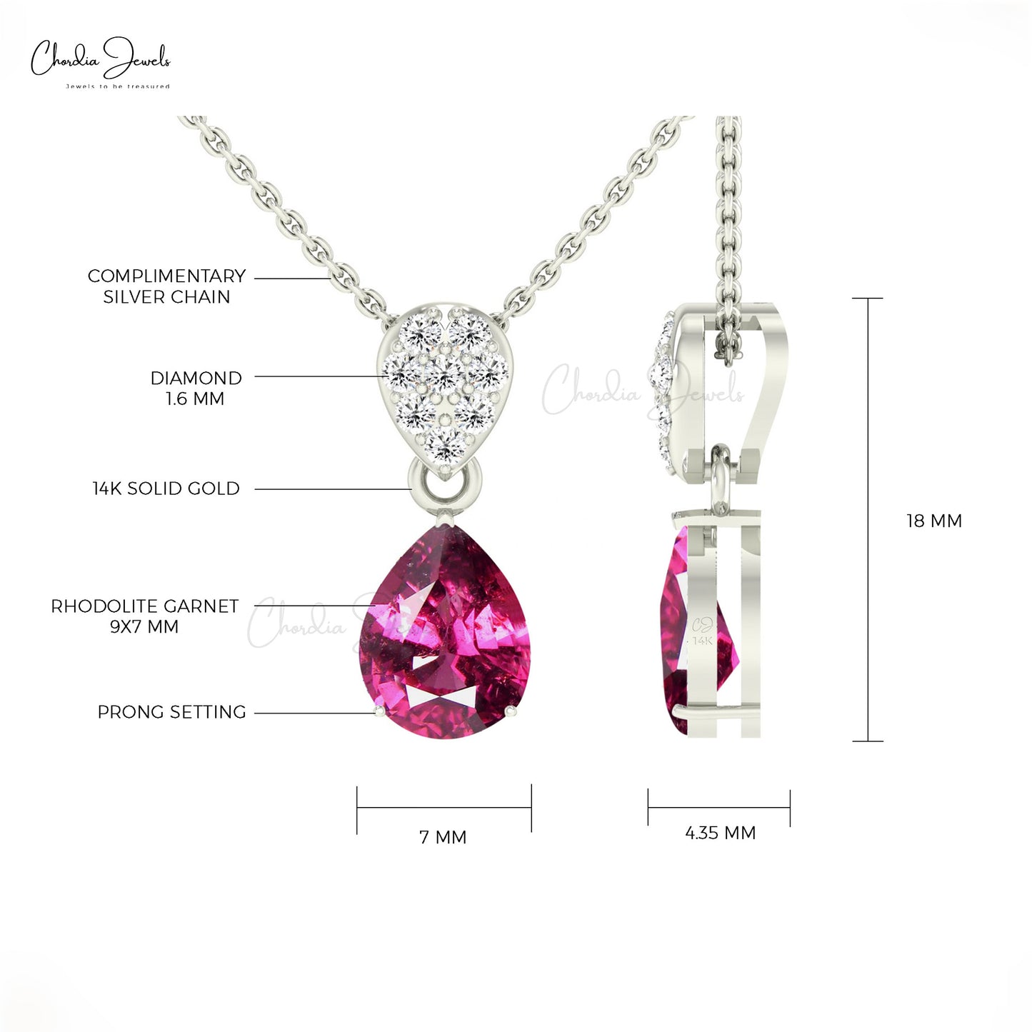 Cluster Diamond With Pear Cut 9x7mm Rhodolite Garnet 14k Solid Gold Tear Drop Necklace For GF