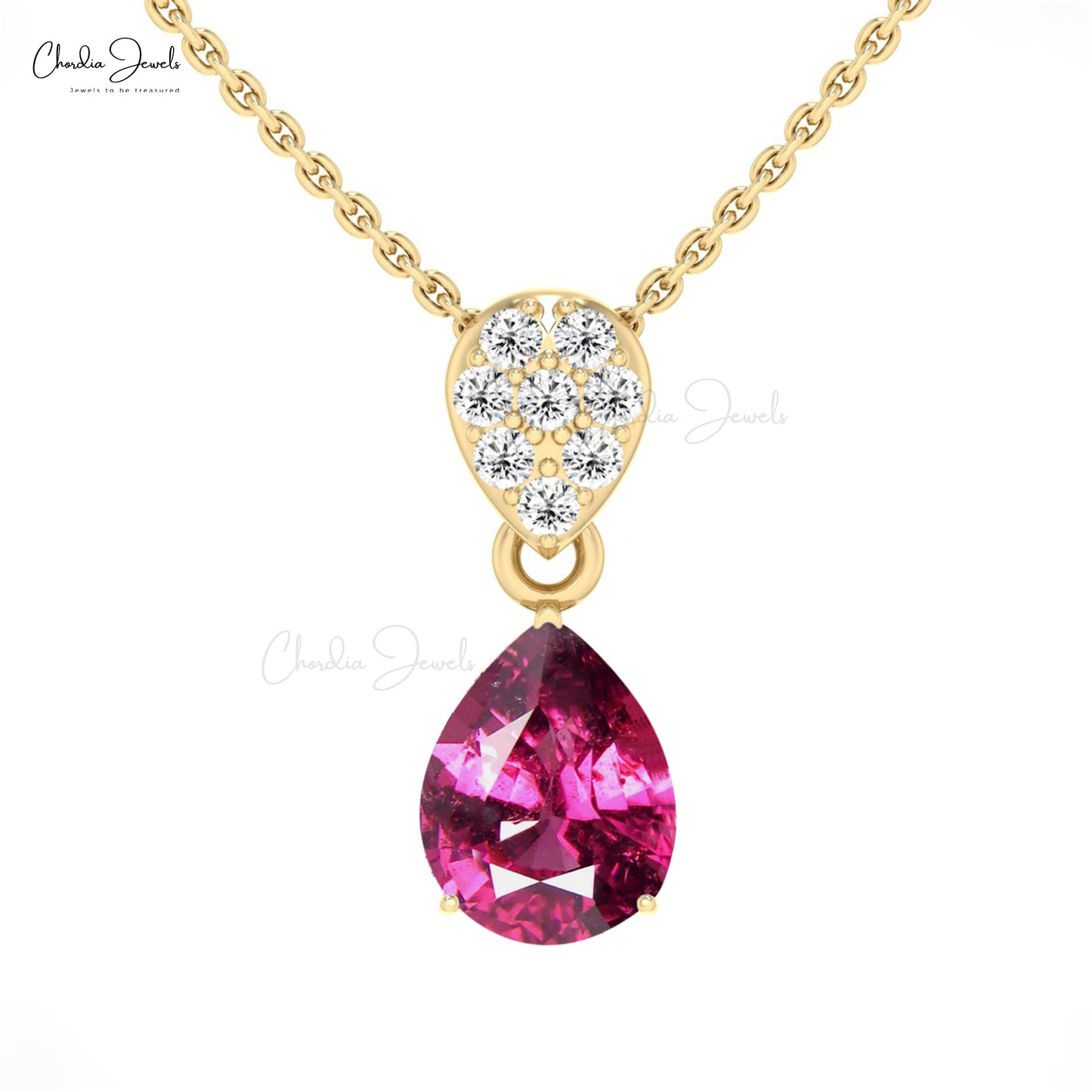 Cluster Diamond With Pear Cut 9x7mm Rhodolite Garnet 14k Solid Gold Tear Drop Necklace For GF