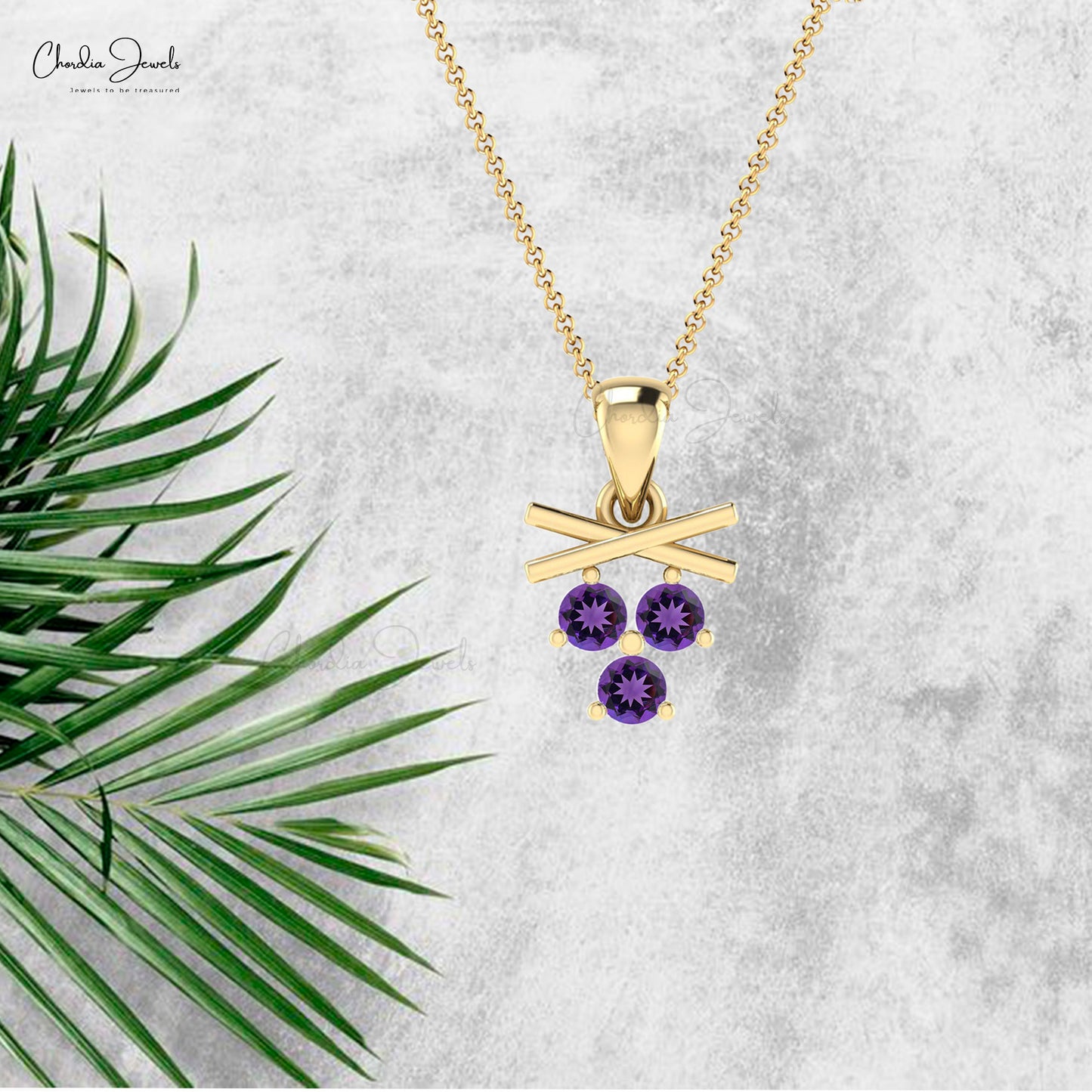 Real 14k Gold Trio Gemstone Pendant With 2.5mm Brilliant Cut Amethyst Pendant