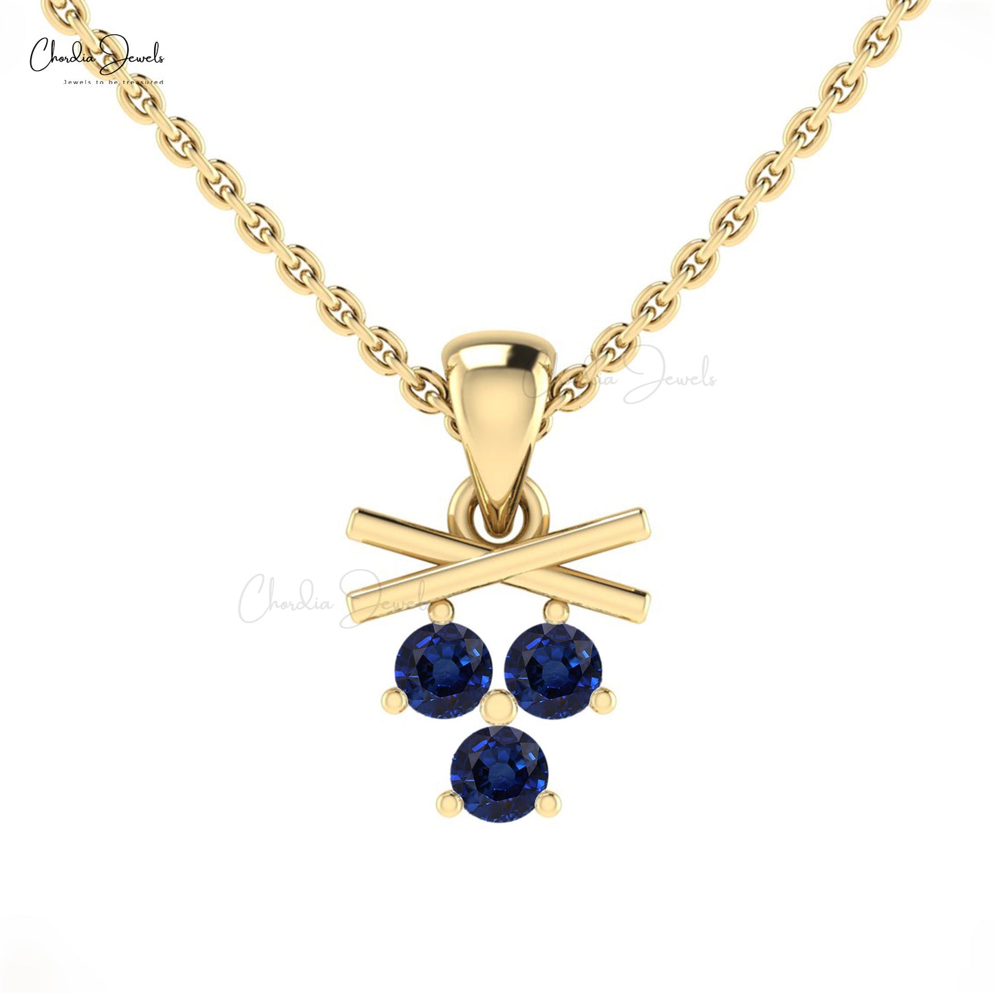 Natural 2.5mm Round Blue Sapphire Accents In 14k Real Gold Three Stone Pendant