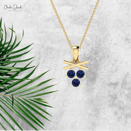 Natural 2.5mm Round Blue Sapphire Accents In 14k Real Gold Three Stone Pendant