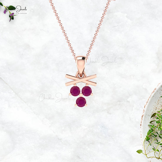 Three Stone Cluster Pendant In 14k Solid Gold With 2.50mm Brilliant Cut Ruby Necklace For Love