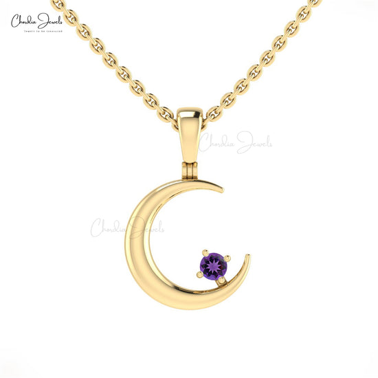 Single Stone Crescent Charm In 14k Real Gold With 2mm Round Amethyst Moon Pendant