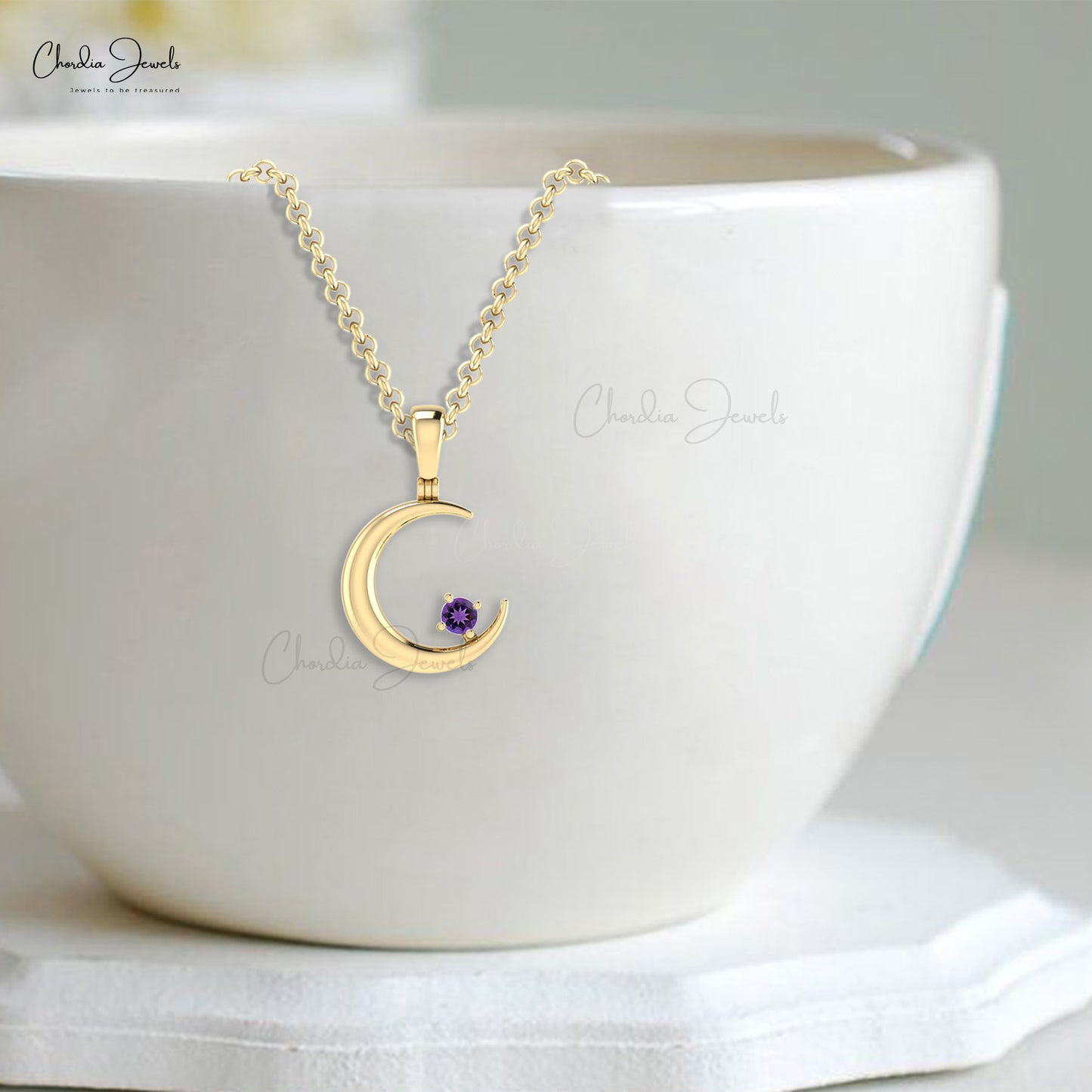 Single Stone Crescent Charm In 14k Real Gold With 2mm Round Amethyst Moon Pendant