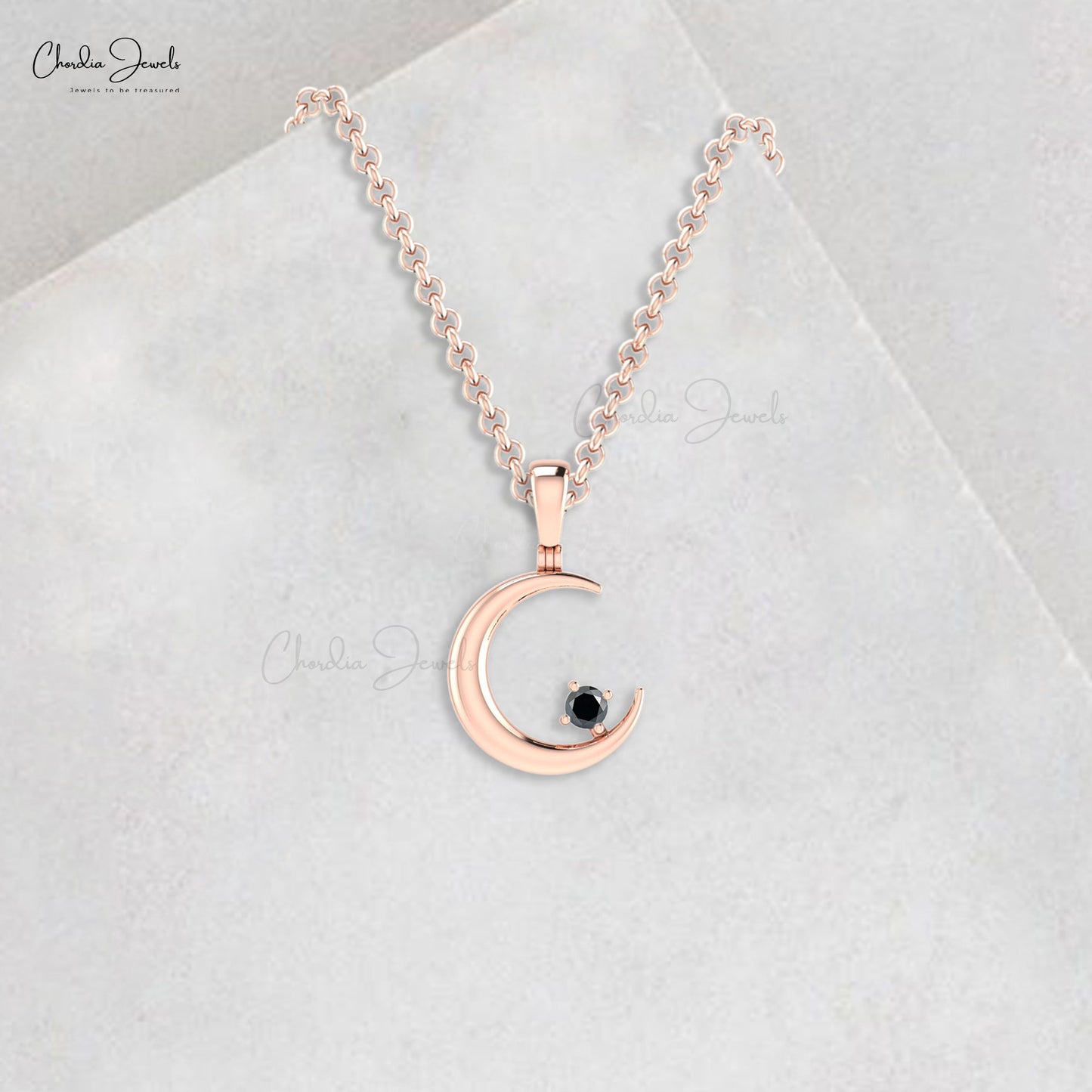 Half Moon 14k Solid Gold 2mm Round Black Diamond Crescent Pendant For Women