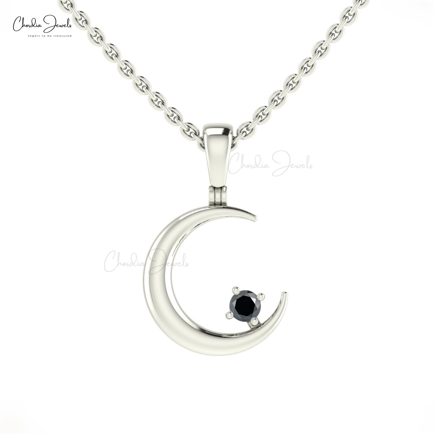 Half Moon 14k Solid Gold 2mm Round Black Diamond Crescent Pendant For Women