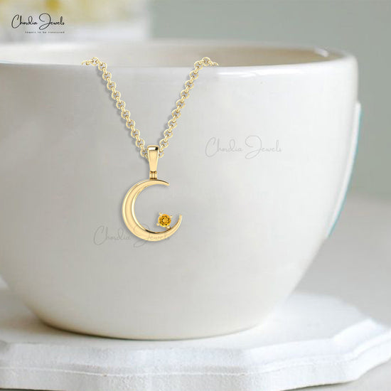 Natural Yellow Citrine 2mm Gemstone Moon Pendant in 14k Real Gold Crescent Jewelry