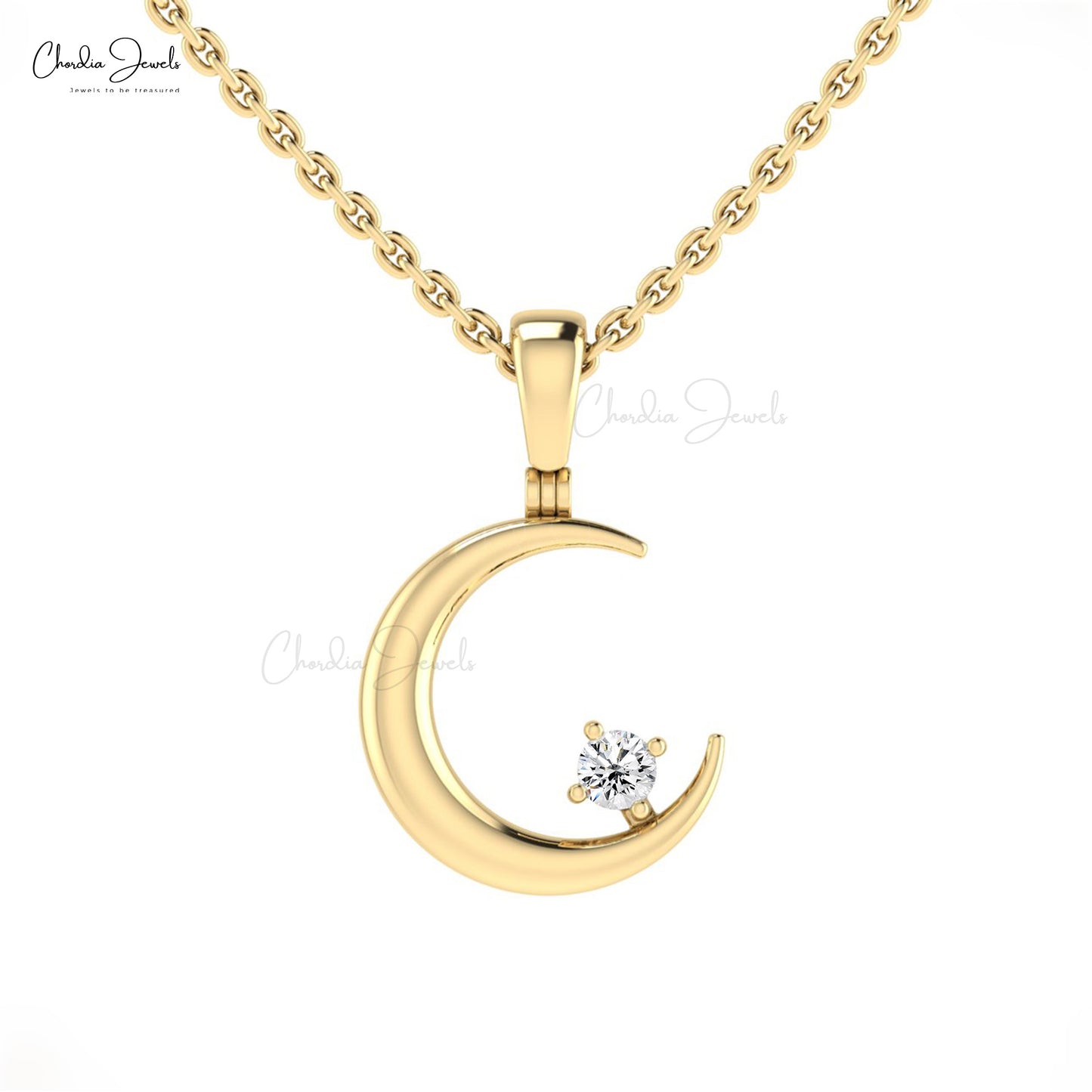 Solitaire 2mm White Diamond Crescent Half Moon Pendant in 14k Solid Gold