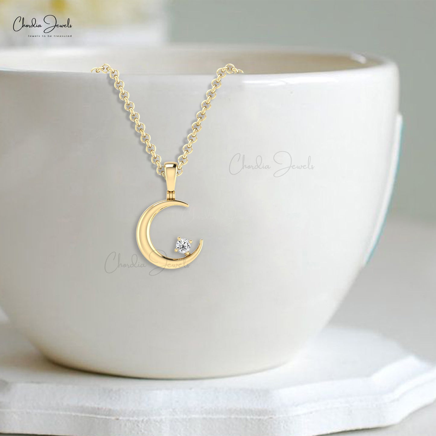 Single Stone Half Moon Charm With 2mm White Diamond Solitaire Pendant In 14k Pure Gold